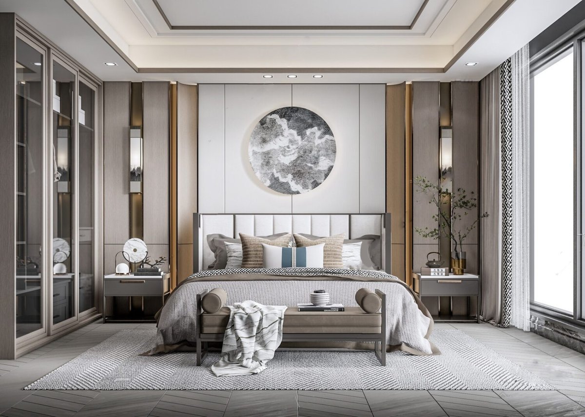 Bedroom concepts with refined false ceiling and furniture balance